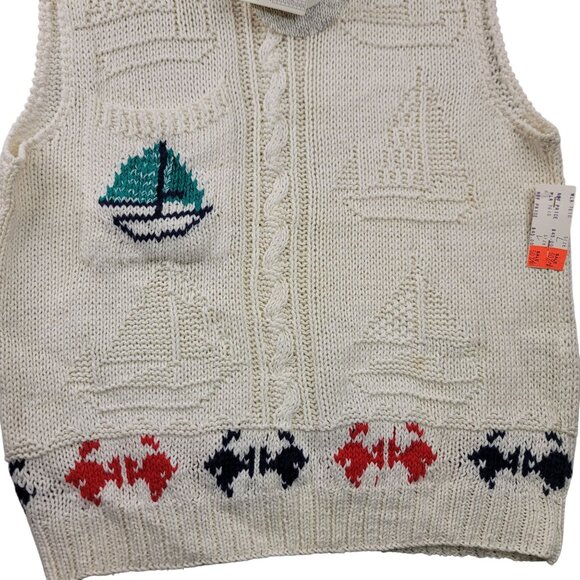 Woolrich 1990s Large Hand Cable Knit Sailboat Sweater Vest Vintage Deadstock - Picture 2 of 9